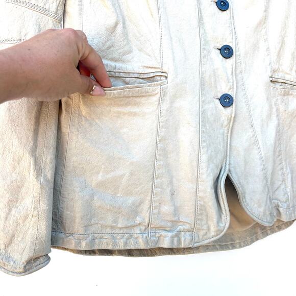 Vintage Y2K Jakett New York Cream Leather Jacket Medium Beige Moto Button Up - Picture 6 of 10